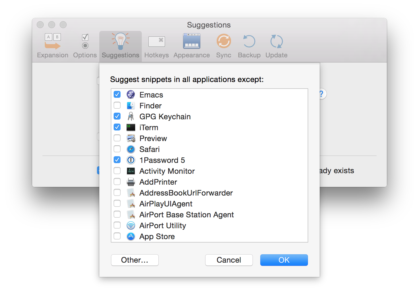TextExpander Preferences: Applications to Exclude from Snippet Suggestion