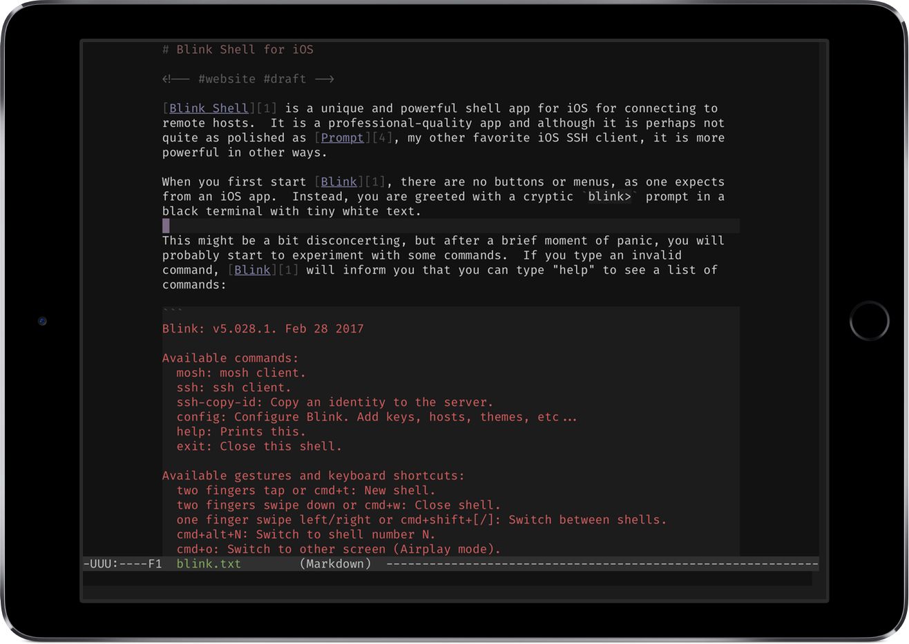 Markdown Mode in Emacs on iPad via Blink Shell