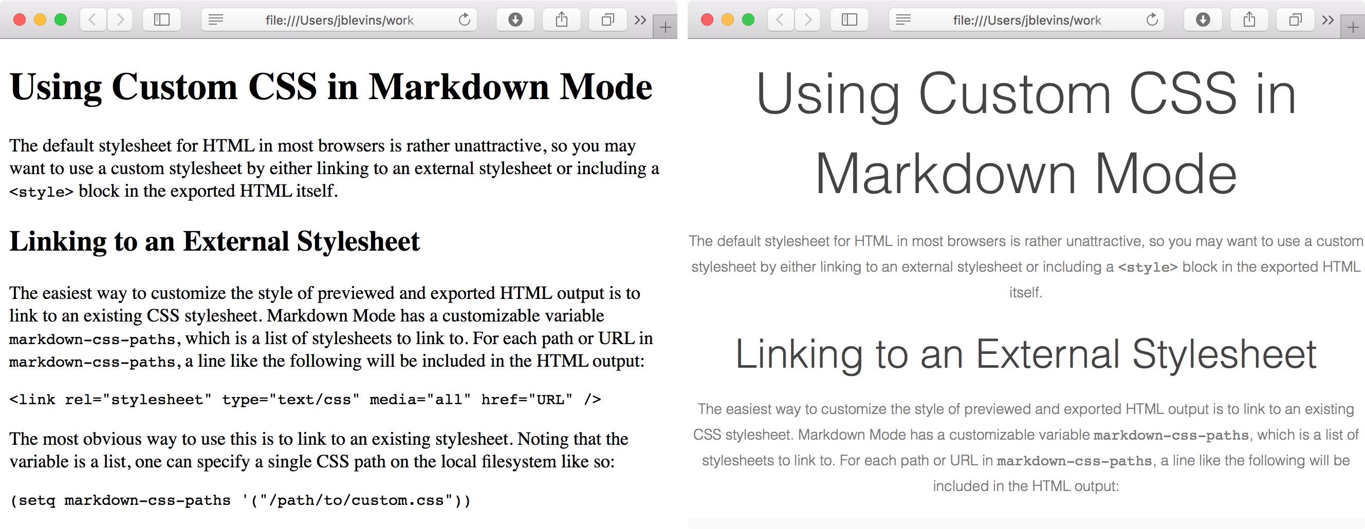 Custom CSS in Markdown Mode Output