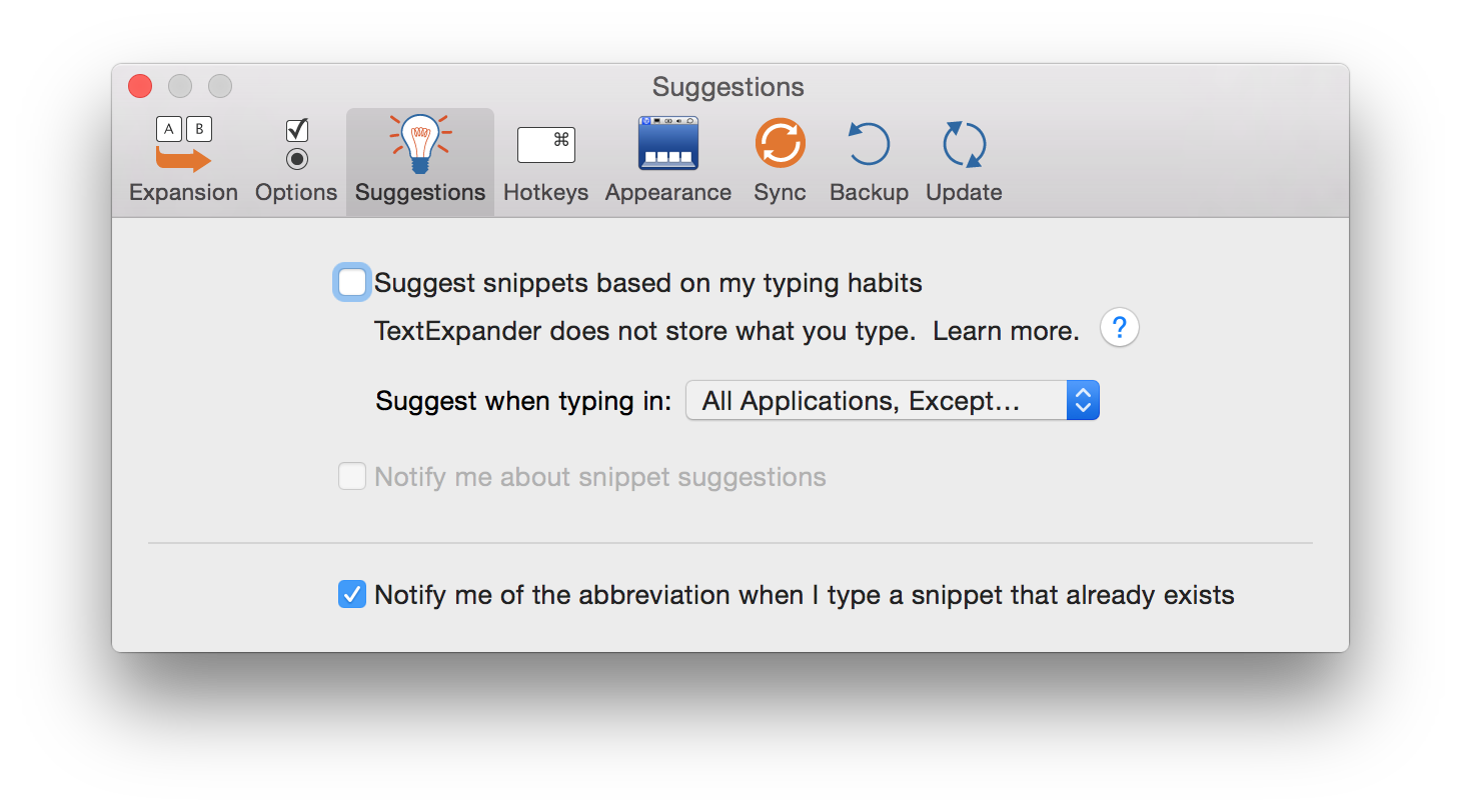 TextExpander 5.x Preferences: Snippet Suggestion